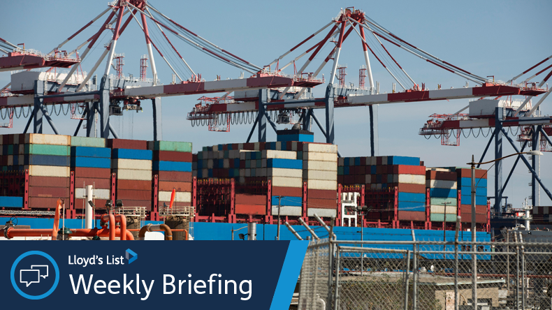 Cranes unloading boxship