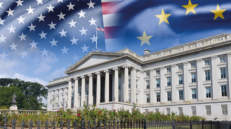 US Treasury building with US and EU flags